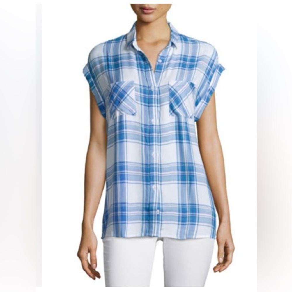 Rails Britt Cap Sleeve Plaid Button Down Top Blue/Lilac Small